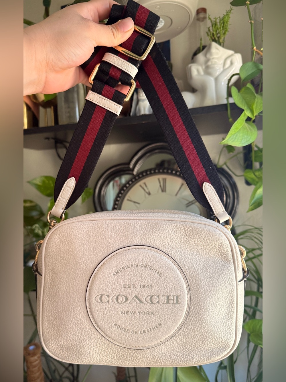 Coach C2828 Cream Pebble Leather Crossbody with Black and Burgundy Striped Strap